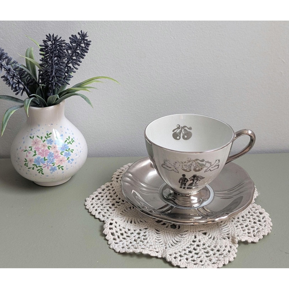 Vintage Royal Winton Grimwades "Our Wedding" Teacup & Saucer – Silver Lustre